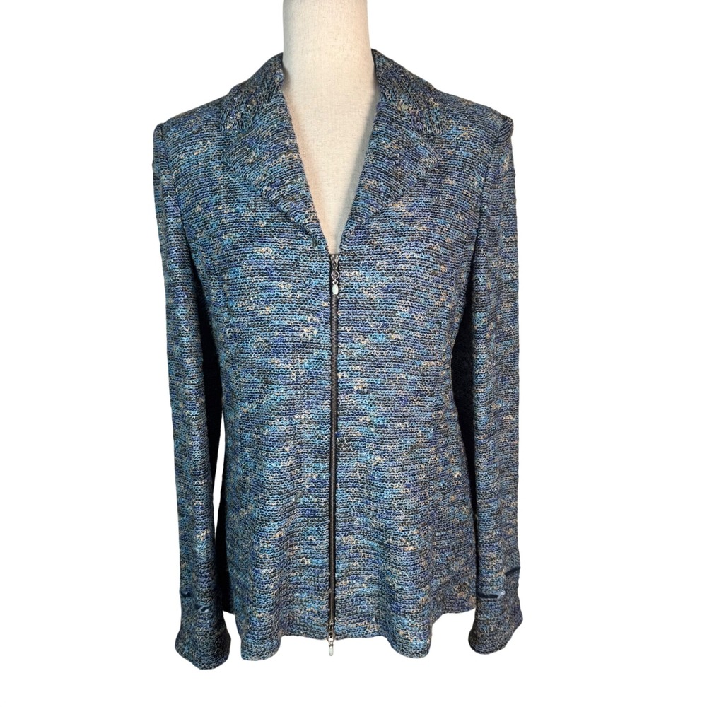 St John Collection Zip Front Jacket Womens 8 Blue Boucle Knit Luxury Blazer USA